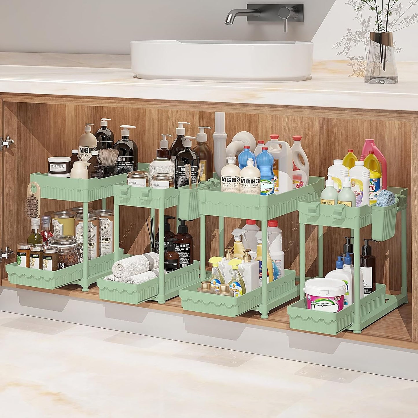 Sevenblue 4-Pack 2-Tier Under Sink Organizer with Pull Out Drawers | Multi-use kitchen & bathroom storage. Includes hanging hooks and cups. Black, space-saving cabinet design.
