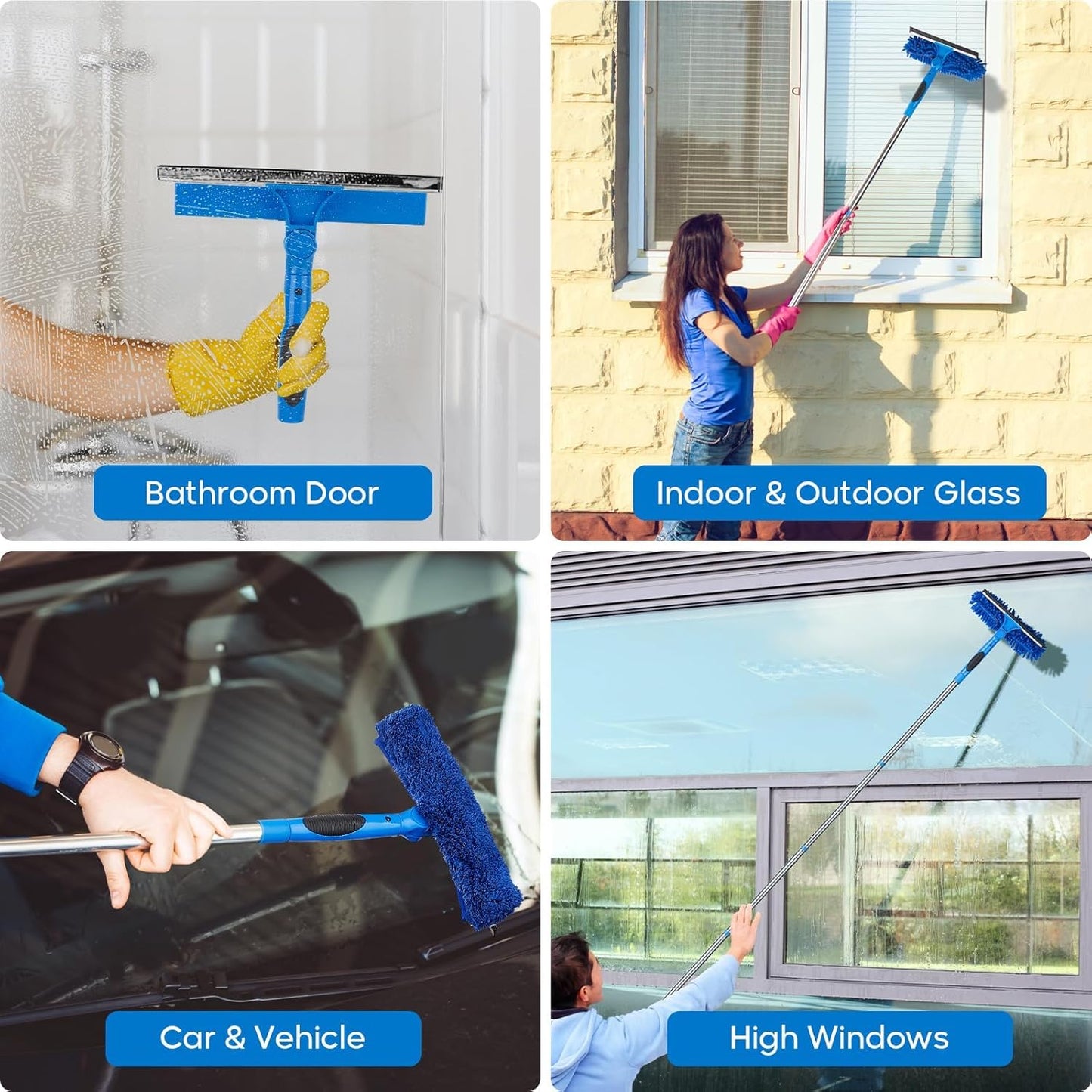 Window Squeegee, 2-in-1 Window Cleaner with Removable Extension Poles 177'' Window Washing Kit Glass Door Cleaner Multi-Use Car Windshield Cleaning Tool with 1 Blade 3 Scrubber for High Outdoor Window