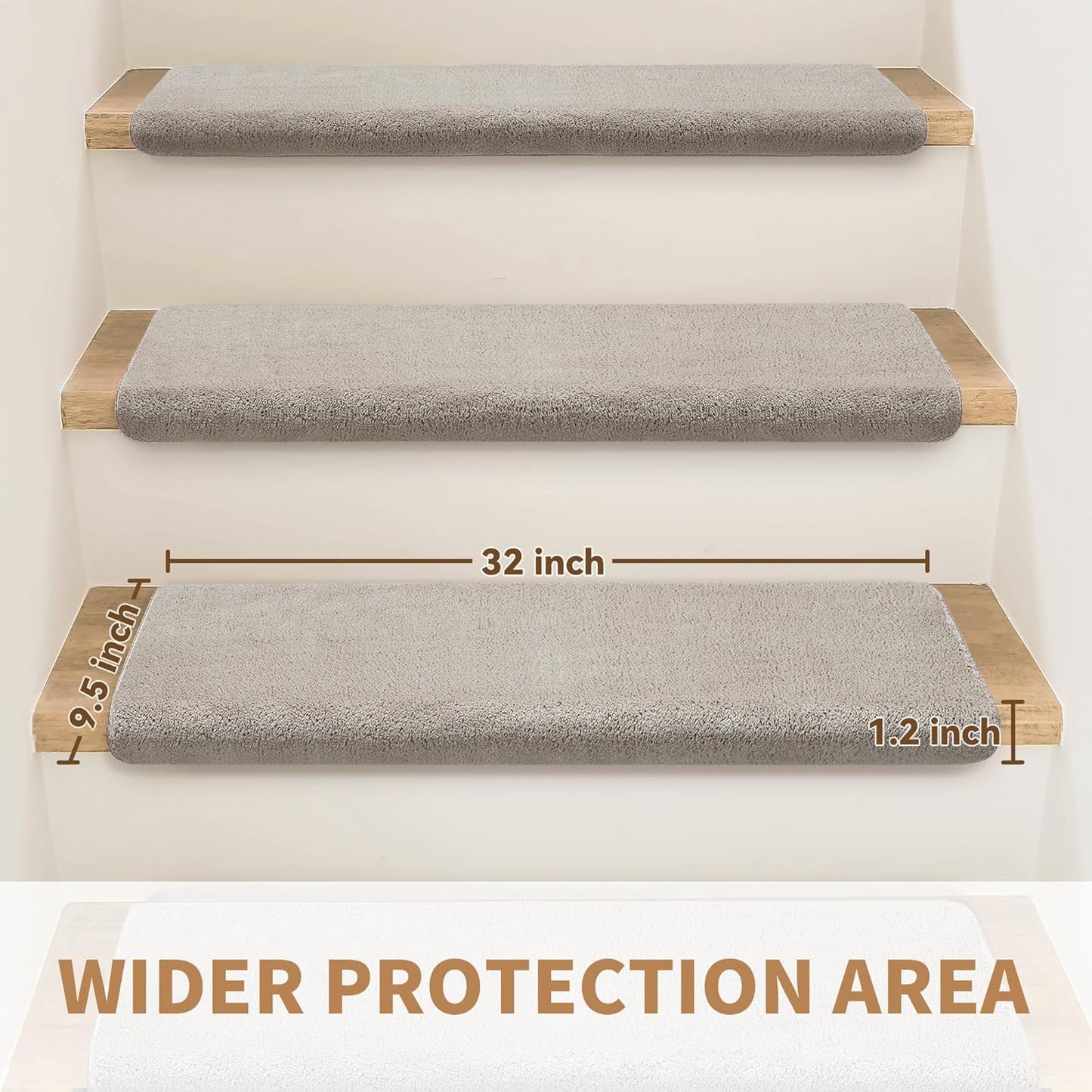 Bullnose Stair Treads Non Slip 9.5" x 32", 14 Pcs Ultra Plush Carpet Stair Treads for Wooden Steps Indoor with Edge Protection, Reusable Peel and Stick TPU Backing Stair Runner Rugs - Beige Gray