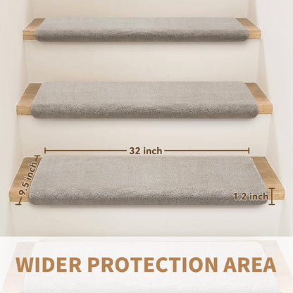 Bullnose Stair Treads Non Slip 9.5" x 32", 14 Pcs Ultra Plush Carpet Stair Treads for Wooden Steps Indoor with Edge Protection, Reusable Peel and Stick TPU Backing Stair Runner Rugs - Beige Gray