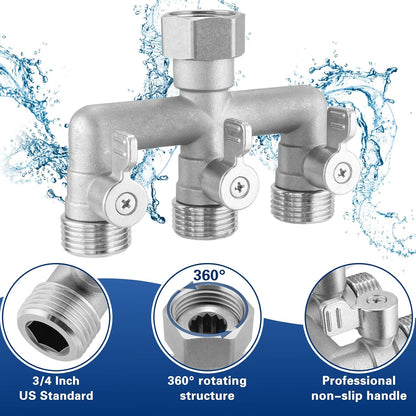 4 Way Garden Hose Splitter, 304 Stainless Steel Outdoor Faucet Splitter with 4 Individual Shut Off Valves, 3/4" GHT High Flow Hose Bib Spigot Connector