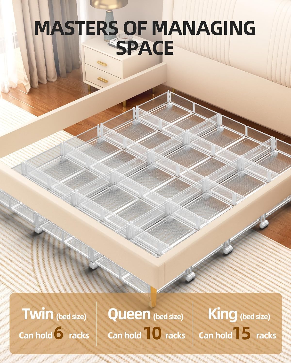 Under Bed Storage with Wheels, Foldable Metal Under Bed Storage Containers, 60L Rolling Underbed Storage, Easy Assembly Under The Bed Storage for Bedroom Clothes Shoes Blankets