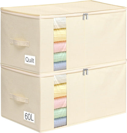 60L Blanket/Comforter Storage Bag w/Rigid Side & Bottom Support, Stackable Clothes Storage Bin for Sweaters Bedding Sets Quilts Pillows, Closet Organizer, 21.7x14.2x11.8in, 2 Pack, Gray