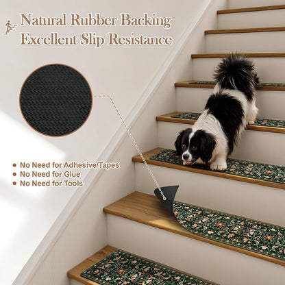 OJIA Floral Stair Treads Non-Slip Stair Runner for Wooden Steps Indoor 15PCS 30"x8" Carpet Stair Treads Stair Mats Staircase Step Treads for Kids, Elders and Dogs, Stair Covers, Black