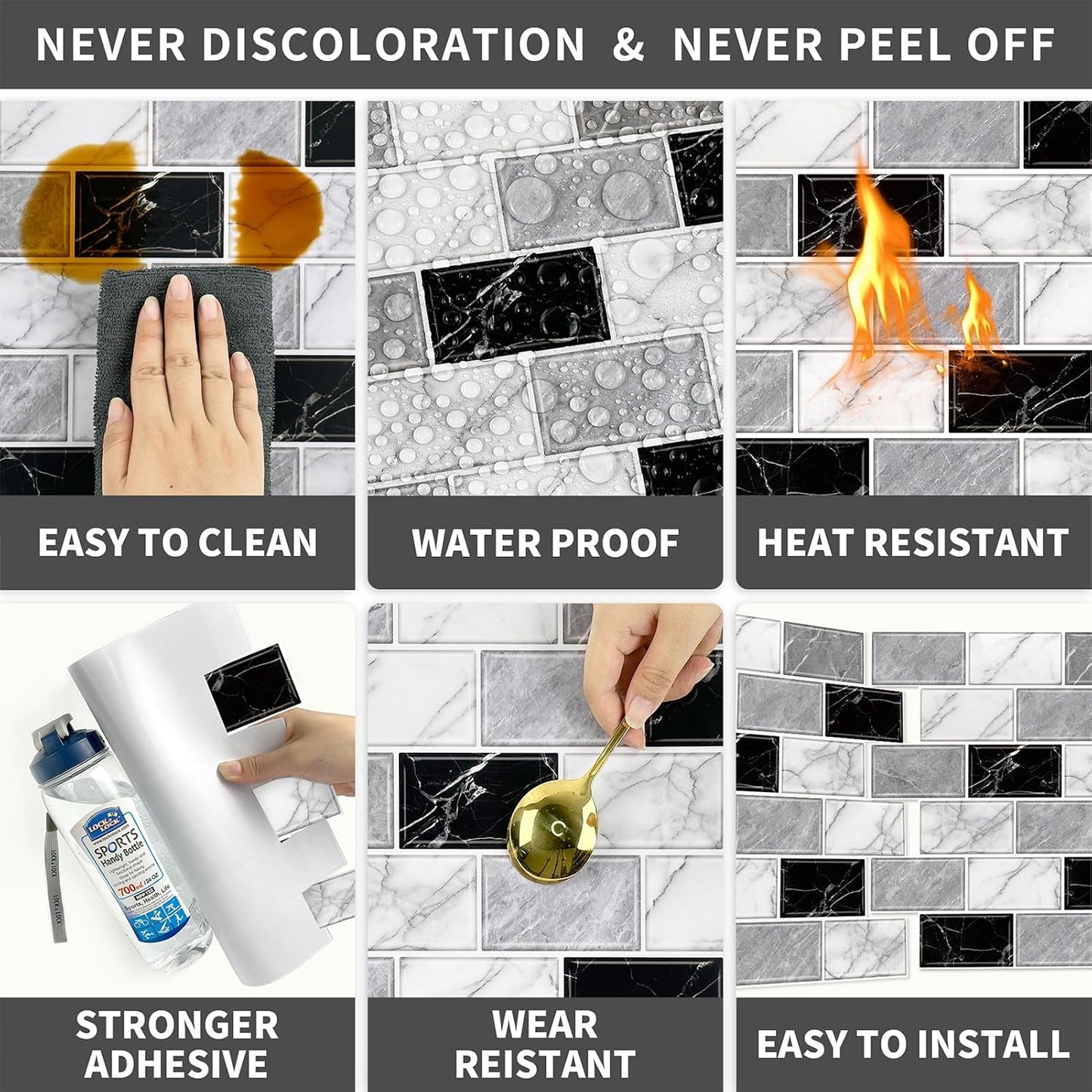 URCOLOR 10-Sheet Stick on Backsplash for Kitchen,12"x12" Peel and Stick Self Adhesive Wall Tiles Back Splashes for Bathroom Brown Marble Look