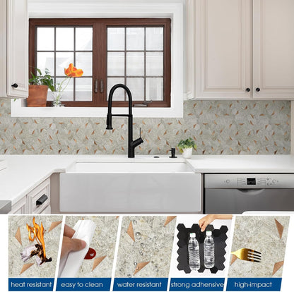 10-Sheet Heavy-Duty Hexagon Peel and Stick Backsplash, Thick Waterproof &Heat Resistant Stick on Wall Tiles, Slate Beige Mosaic for Kitchen & Bathroom, Strong Adhesive Permanent PVC Tiles