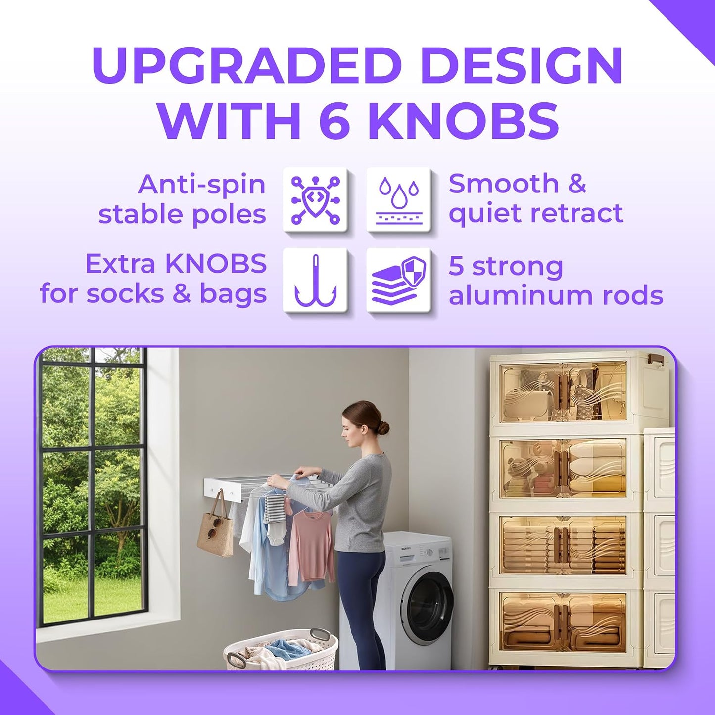 Wall Mounted Clothes Drying Rack - 31.5" Foldable Clothes Drying Rack Wall Mount, 5 Steel Rods With Knobs, Retractable Space-Saving Laundry Rack, Heavy Duty 60 lbs Capacity (Wall Template Included)