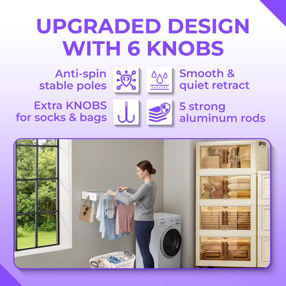 Wall Mounted Clothes Drying Rack - 31.5" Foldable Clothes Drying Rack Wall Mount, 5 Steel Rods With Knobs, Retractable Space-Saving Laundry Rack, Heavy Duty 60 lbs Capacity (Wall Template Included)