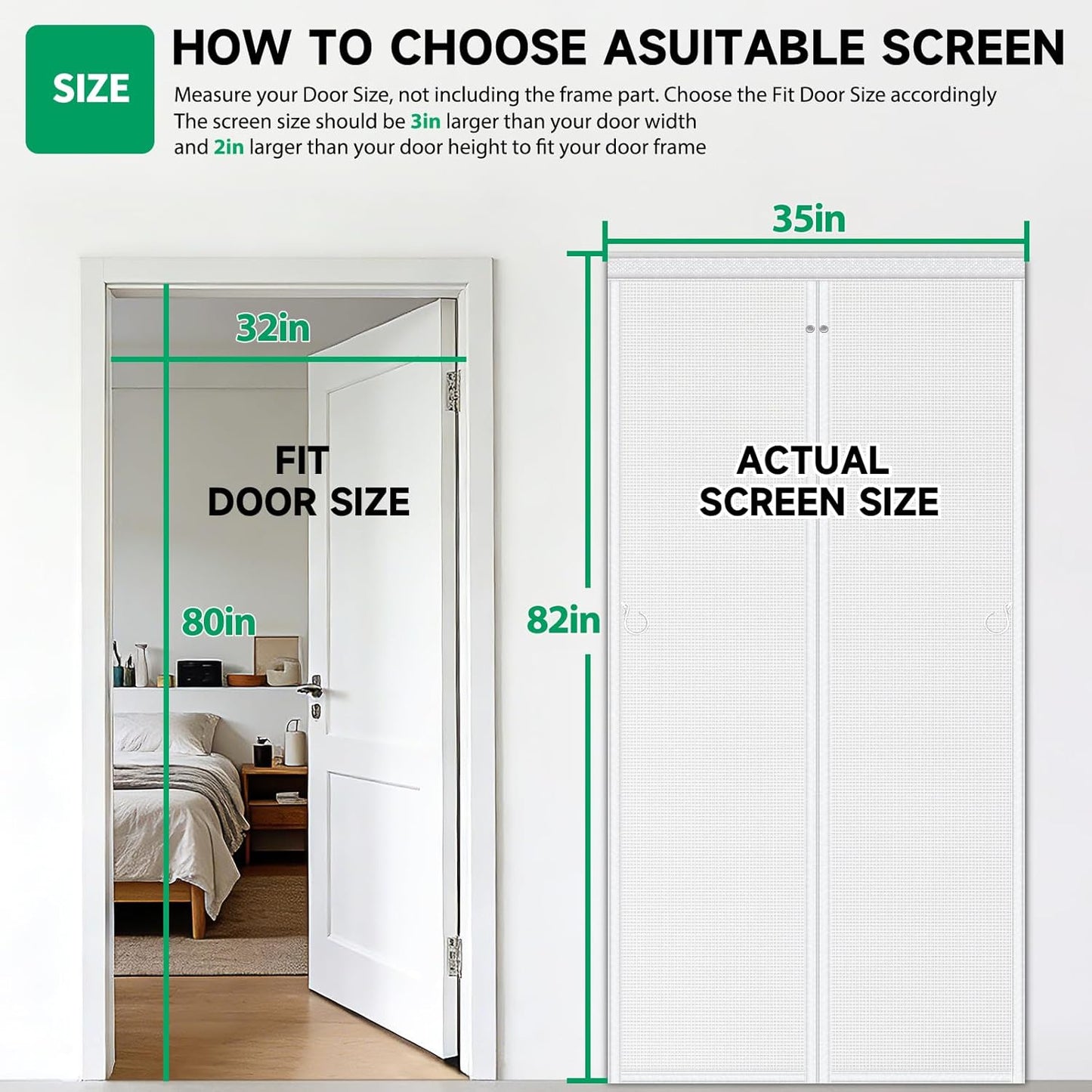 HOFUDON Upgraded Magnetic Screen Door Mesh, Full Strip Magnets, Heavy Duty Fiberglass Mesh, Door Screen Magnetic Closure for Single Door Size 32 x 80 Inch, Screen Door Size 35 x 82 Inch Black