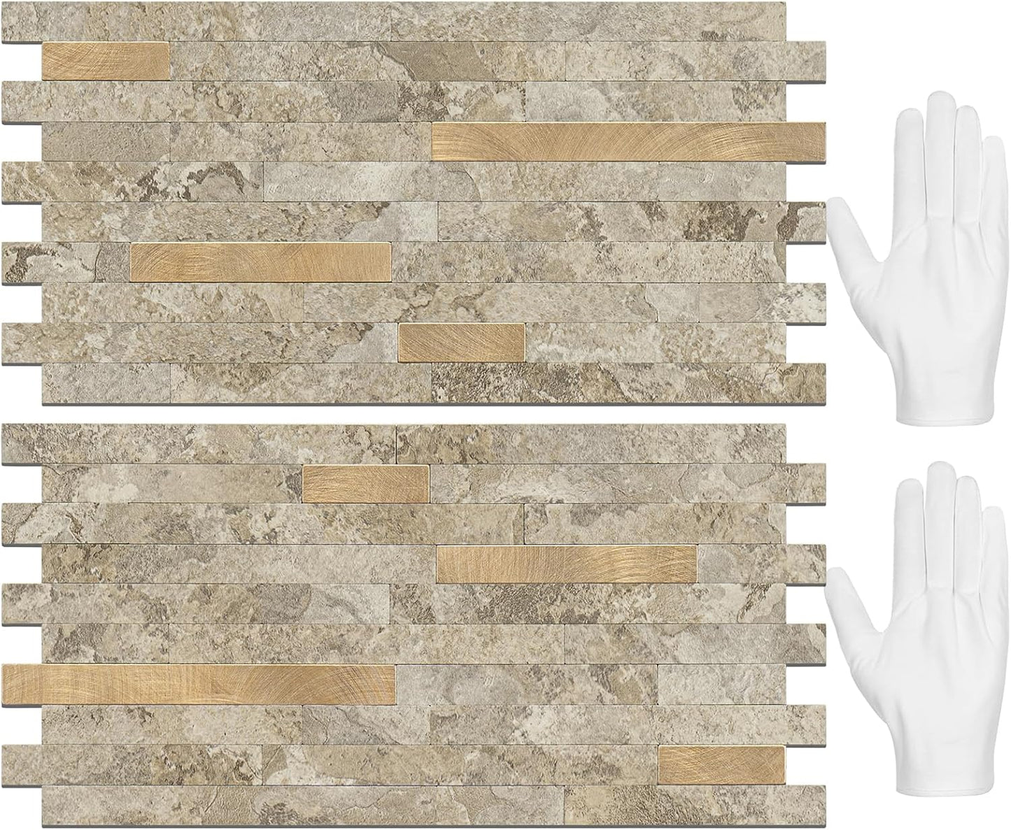 STICKGOO 20 Sheets Peel and Stick Backsplash Tile, Stick on Backsplash for Kitchen and Bathroom, White Sandstone Look PVC Mixed Metal Gold Self Adhesive Wall Tiles