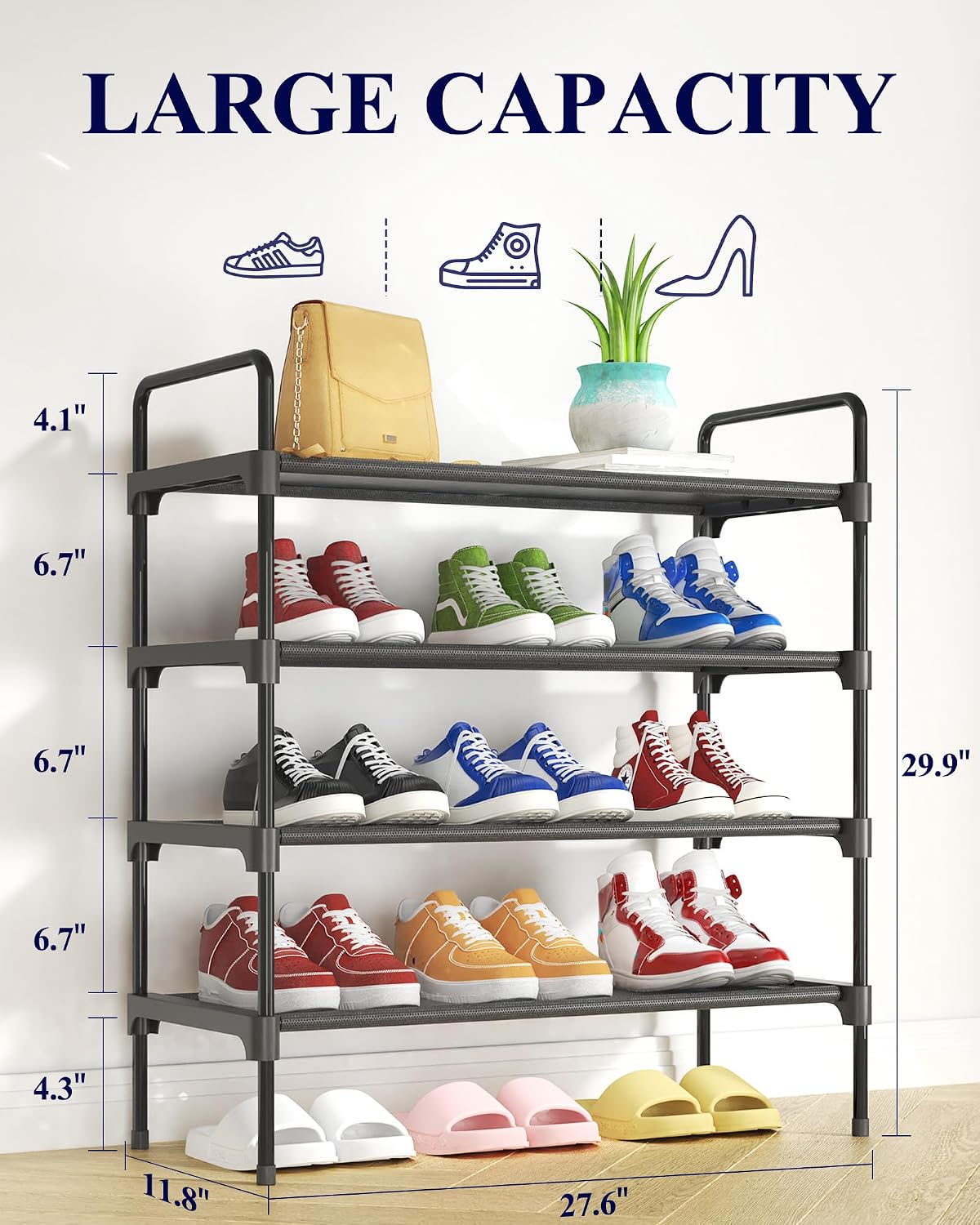 Kitsure Shoe Rack for Closet, Sturdy Shoe Storage for Entryway, Space-Saving Shoe Rack Small and Shoe Shelf, 27.6" Wide, Black