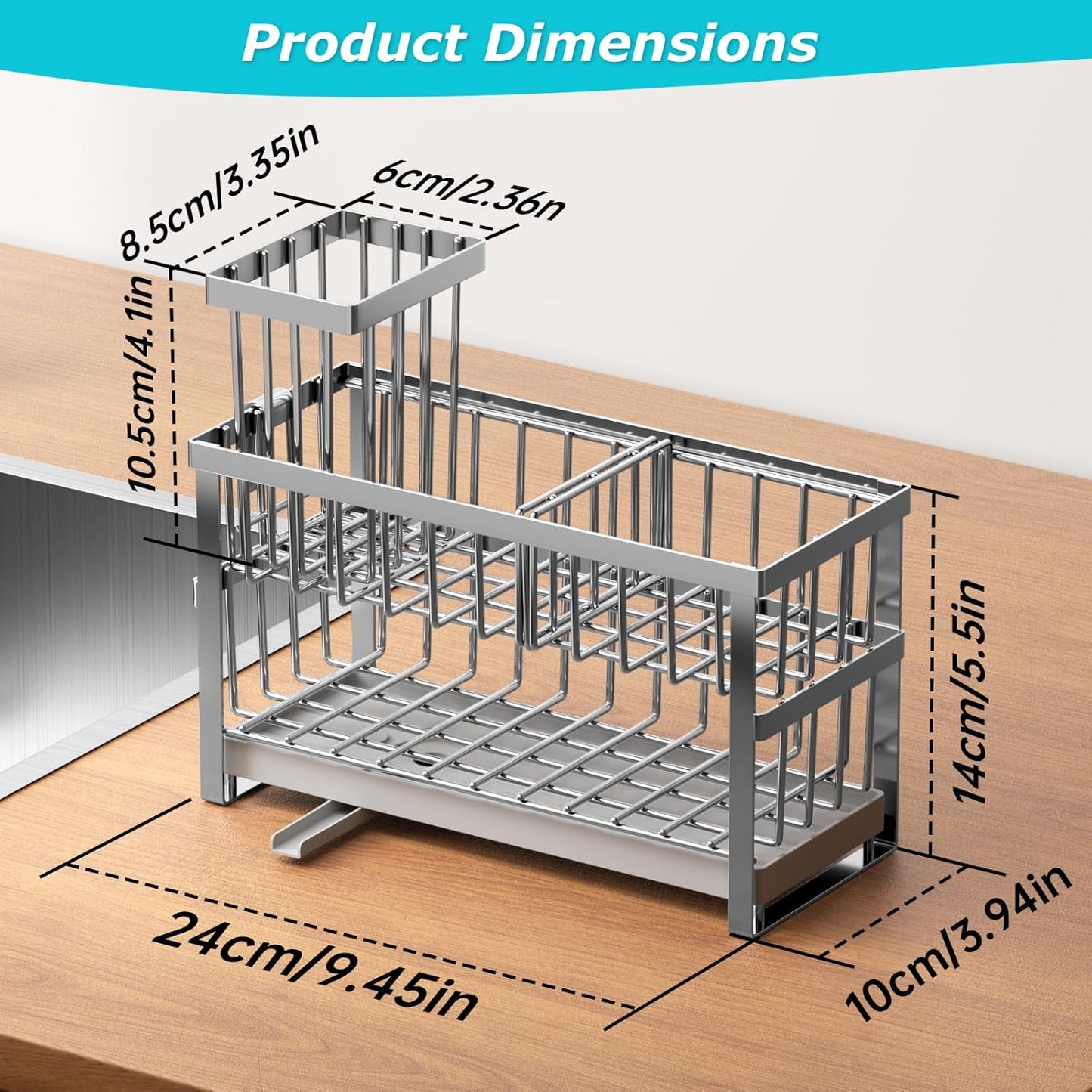 Liuoud Sponge Holder for Kitchen Sink, 2 Tier Sink Caddy Organizer Countertop with Dish Brush Holder and 360° Drain Tray, Rustproof Stainless Steel Dish Soap Storage Rack Set for Accessories Grey