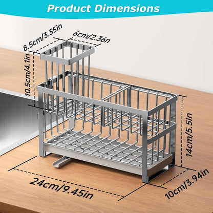 Liuoud Sponge Holder for Kitchen Sink, 2 Tier Sink Caddy Organizer Countertop with Dish Brush Holder and 360° Drain Tray, Rustproof Stainless Steel Dish Soap Storage Rack Set for Accessories Grey