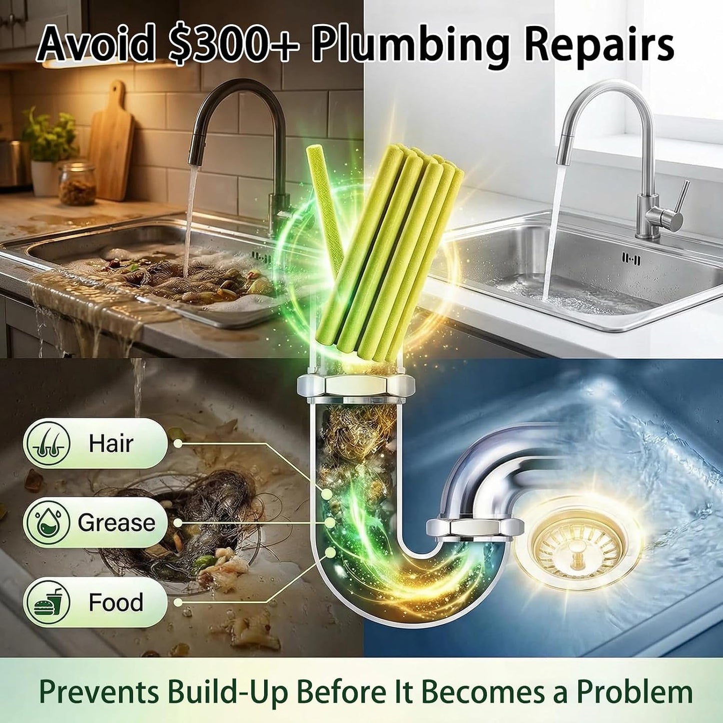 Drain Cleaner and Deodorizer Sticks, 24 Pcs Enzyme Drain Sticks - Natural Clog Remover & Odor Eliminator, Prevent Clogged Drains Year-Round in Kitchen, Bathroom, Shower & Toilet
