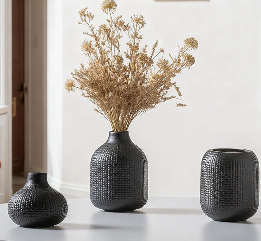 White Ceramic Vases for Decor, 3 Set Small Modern Minimalist Ribbed Vases Decorative for Table Shelf Decor Bookshelf Decoration Vase