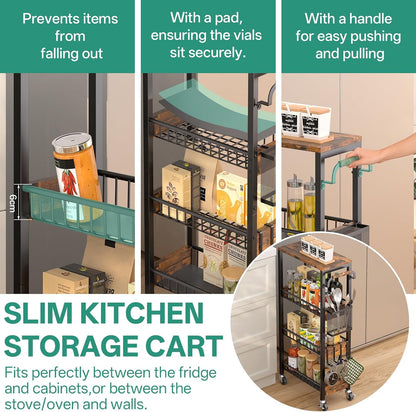 DTUQYX Slim Rolling Storage Cart, 4 Tier Small Organizer Cart with Wheels, Metal Utility Shelf Kitchen Bathroom Laundry Room Organization Trolley with Handle for Narrow Space (9.1" W Metal Basket)