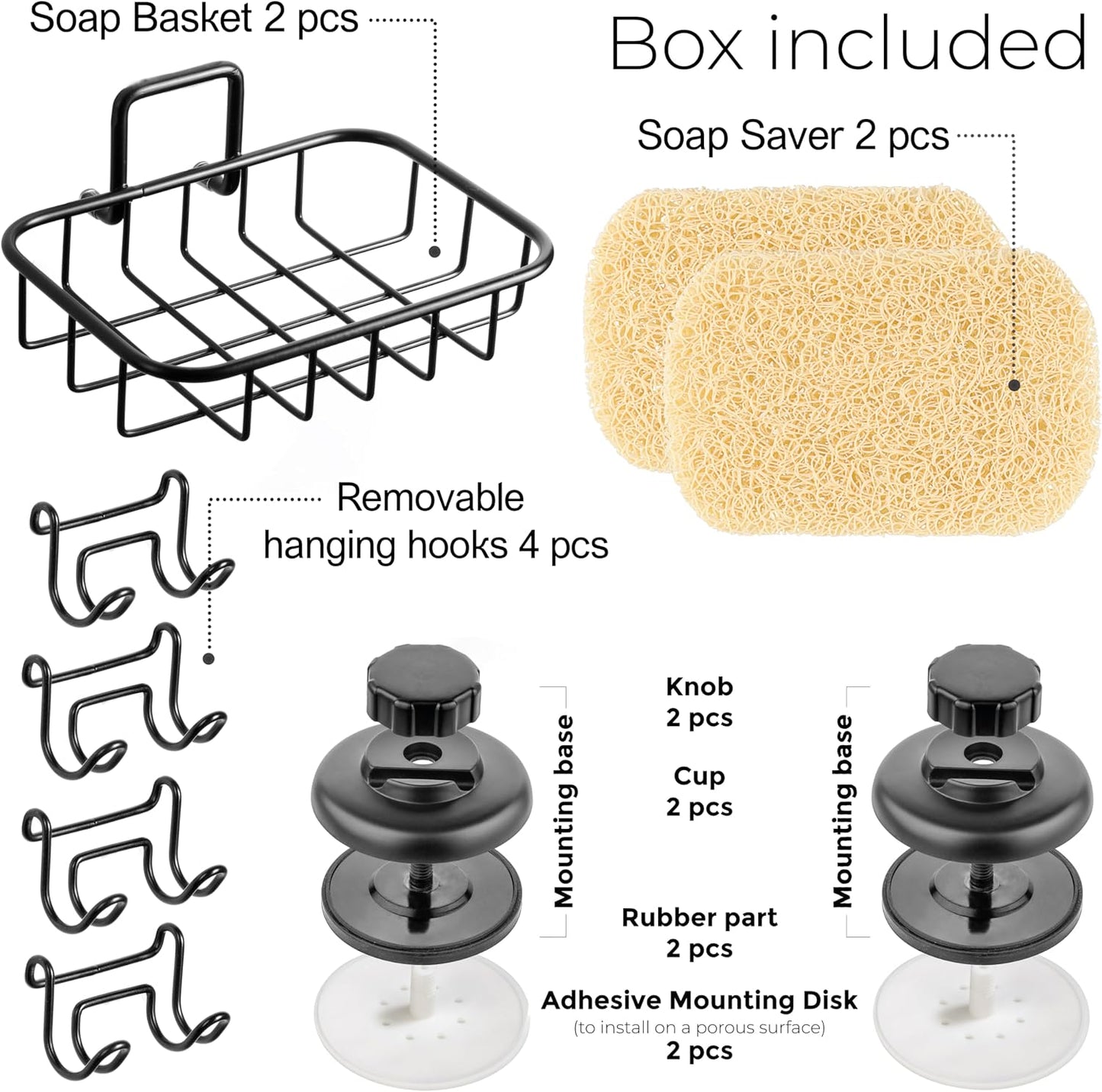 HASKO 2-Pack Suction Cup Soap Holder – Bar Soap Dish for Shower with Hooks for Bathroom – Optional Mounting with Adhesive Tape or Glue – Includes 2 Soap Savers – Stainless Steel SS304 - Silver