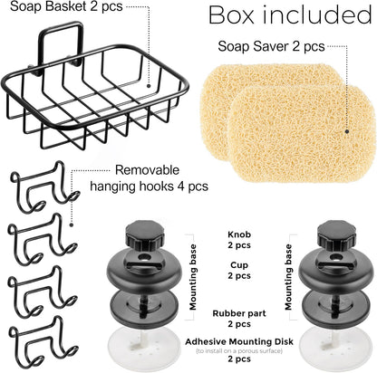 HASKO 2-Pack Suction Cup Soap Holder – Bar Soap Dish for Shower with Hooks for Bathroom – Optional Mounting with Adhesive Tape or Glue – Includes 2 Soap Savers – Stainless Steel SS304 - Silver