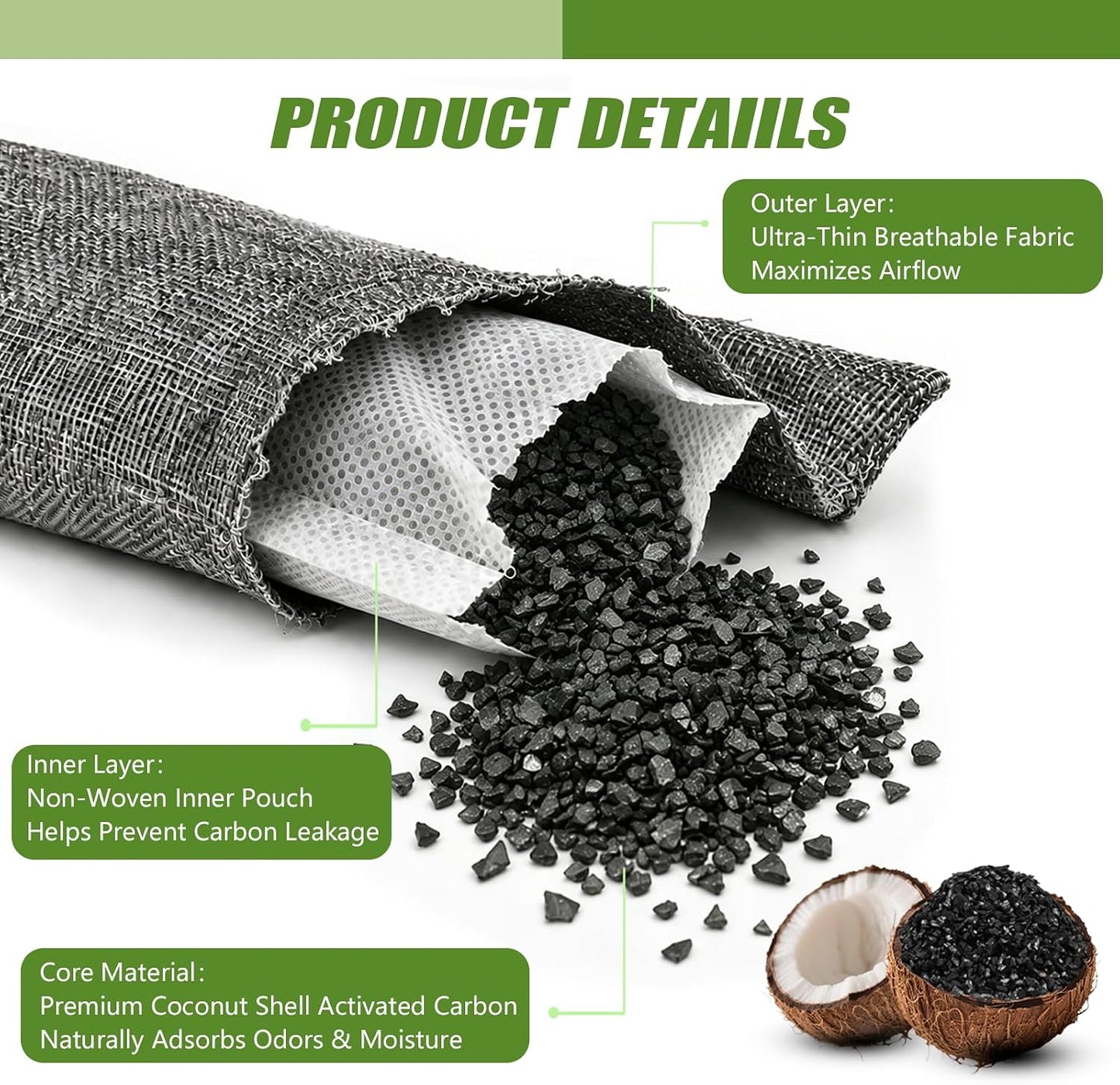 Activated Charcoal Bags Odor Absorbers, Activated Charcoal Odor Absorber for Strong Odors in Car, Closet, Shoe, Pet, Smoke, Basement. Coconut Shell Air Purifying Bag(1 x 500g）
