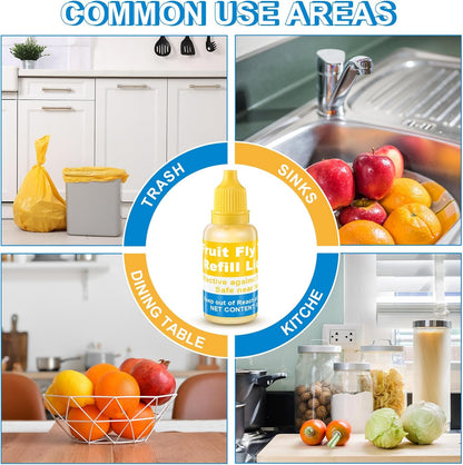 Qualirey Fruit Fly Trap for Indoor and Kitchen Use, 0.68 oz Each Bottle Fruit Fly Trap Refill Liquid, Ready to Use, Safe Near Food, Efficient Lure Refill Liquid, Yellow(12 Pack)