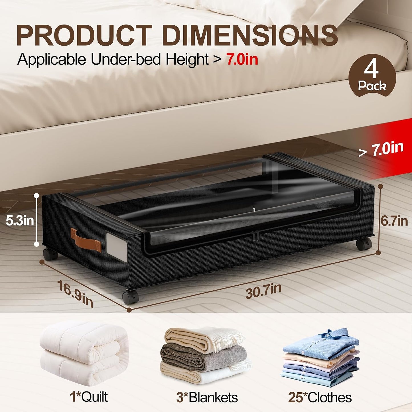 LAMU Under Bed Storage with Wheels, 2 Pack Under Bed Storage Containers with Clear Lid, XXL 60 L Underbed Storage Bins, Rolling Under Bed Metal Drawers for Clothes, Blankets, Shoes, Black