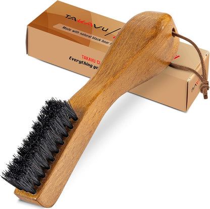 TAKAVU Laundry Stain Brush, Natural Black Boar Bristle, Safe on Delicates | Clothes Cleaning Scrubber, Stain Remover for Shirts, Collars, Cuffs & Shoes, Curved Beech Wood Handle with Hanging Loop