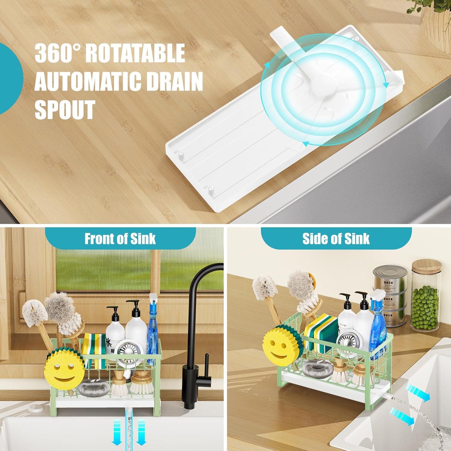 Sponge Holder for Kitchen Sink,Smiley Face Sink Caddy with Removable Brush Holder,Self-Draining Sponge Caddy for Soap,Dish Brush,Scrubber,Kitchen Essentials and Gadgets-Silver