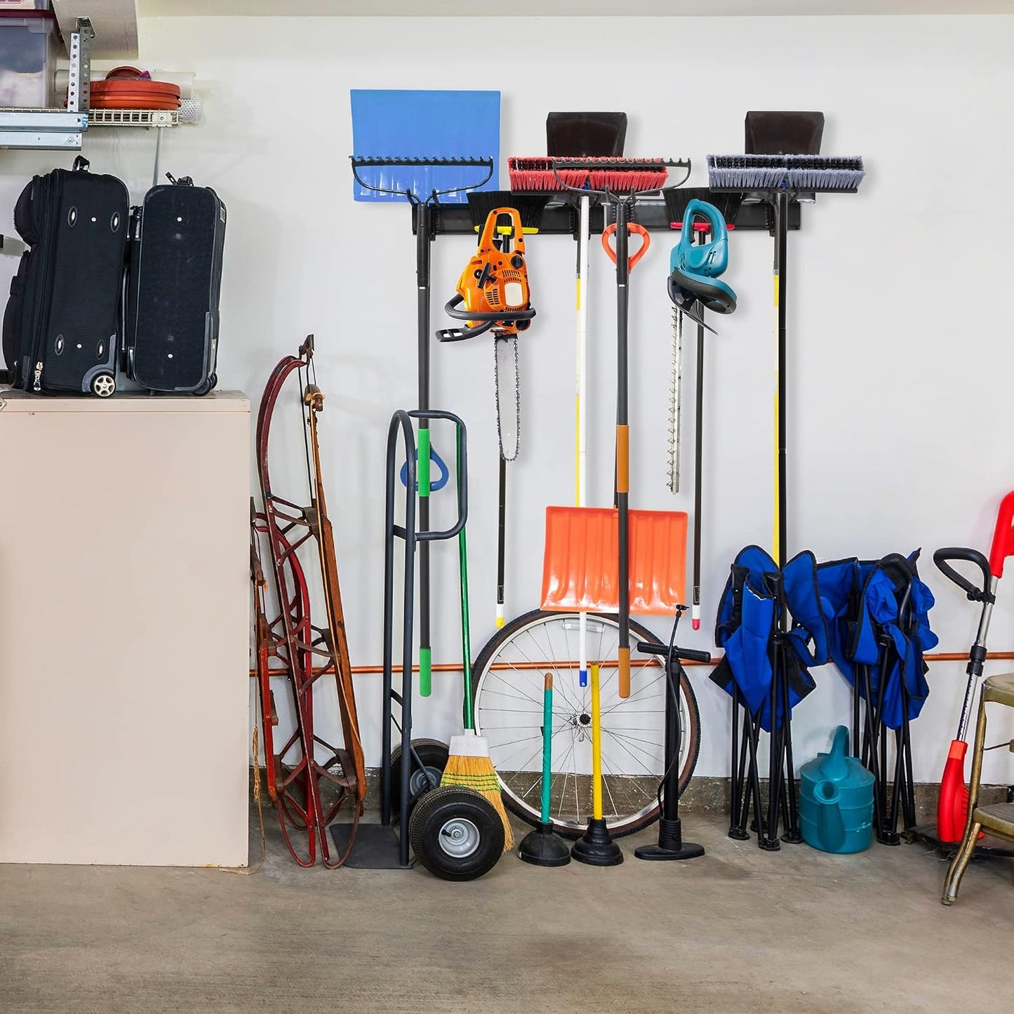 Tool Storage Rack, 8 Piece Garage Organizer, Metal, Wall mounted, Holder for Broom, Mop, Rake Shovel & Tools!