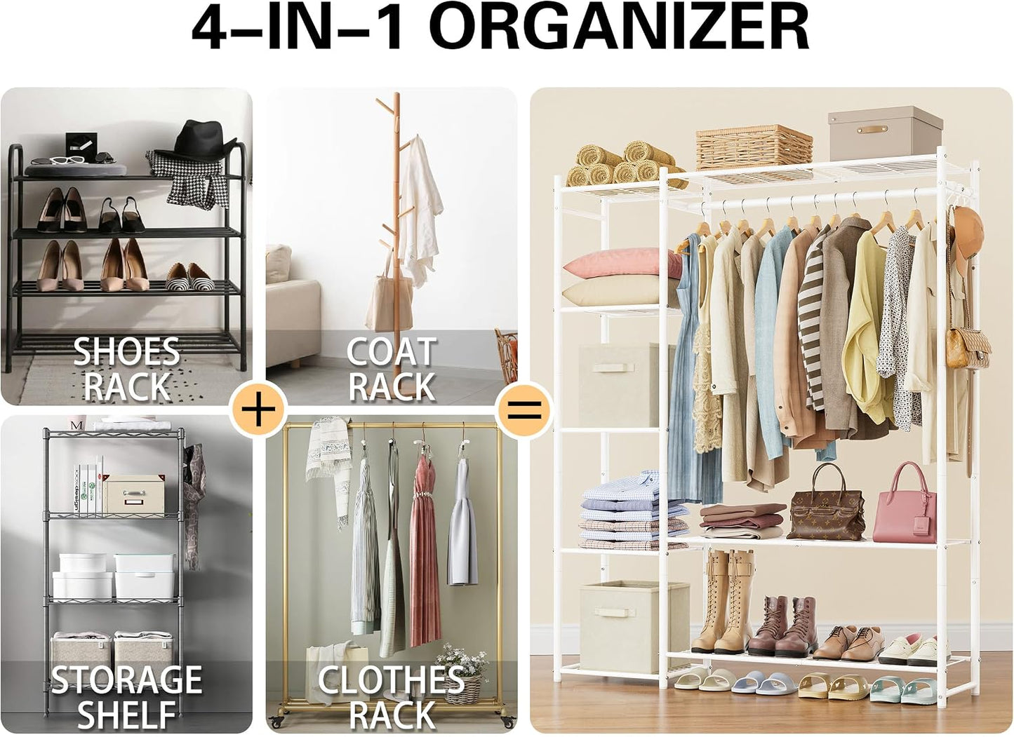 Wardrobe Closet,Portable Clothes Rack with 4 Tiers Shelves,Freestanding Closet Organizers and Storage System with Hanging Rods,Steel Clothing Rack Suitable for Cloakrooms,Bedrooms,Entrances,etc.Black