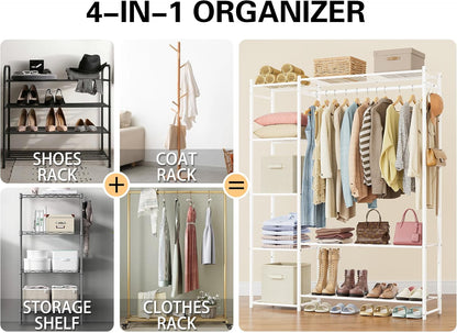 Wardrobe Closet,Portable Clothes Rack with 4 Tiers Shelves,Freestanding Closet Organizers and Storage System with Hanging Rods,Steel Clothing Rack Suitable for Cloakrooms,Bedrooms,Entrances,etc.Black