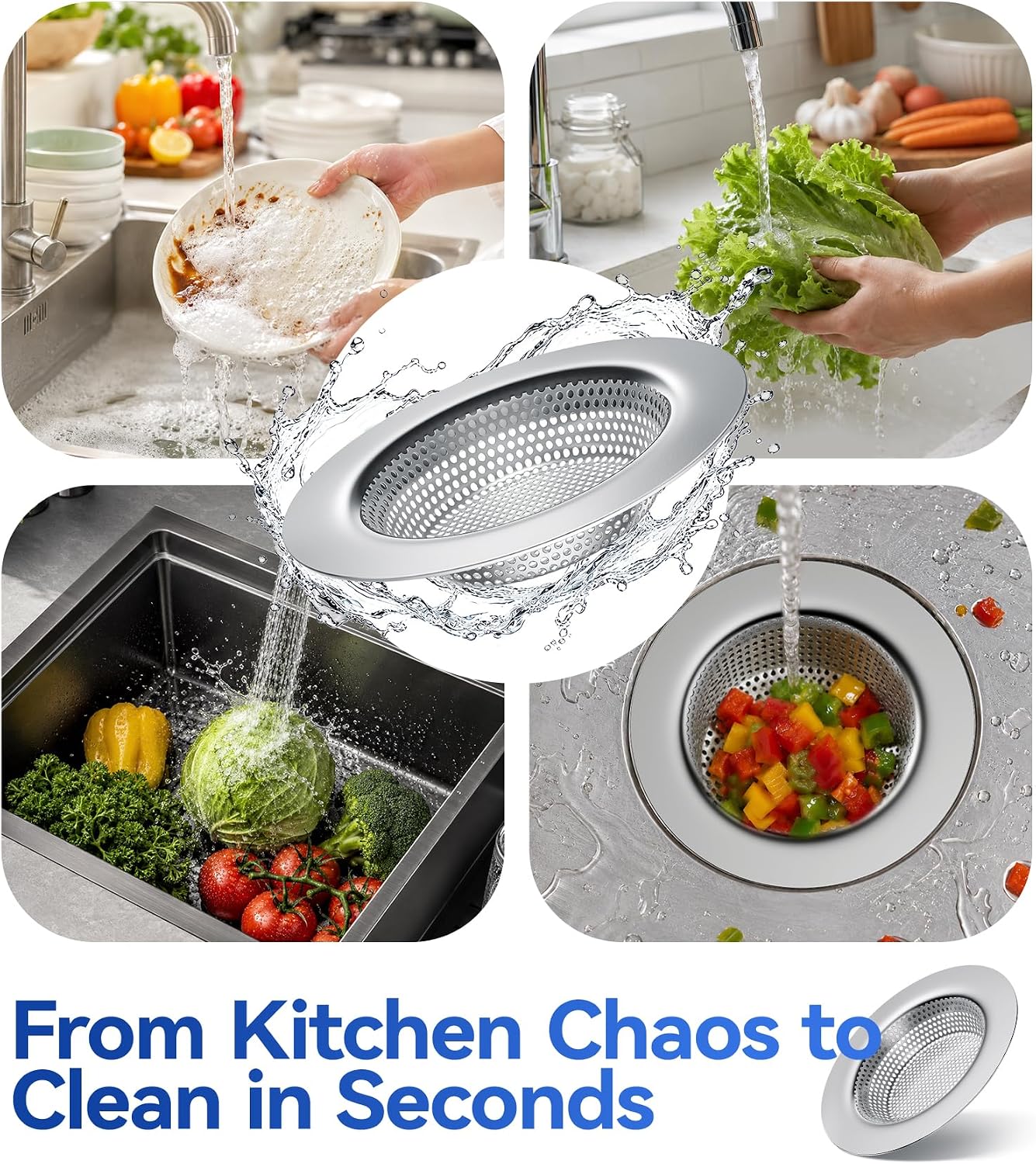 Anti-Clog Sink Drain Strainer Applicable to Different Kitchen Drains, Safe Design Stainless Steel Kitchen Sink Strainer, Drain Cover Filter Food Catcher Basket Easy to Clean - Inner Diameter 2.95 Inch