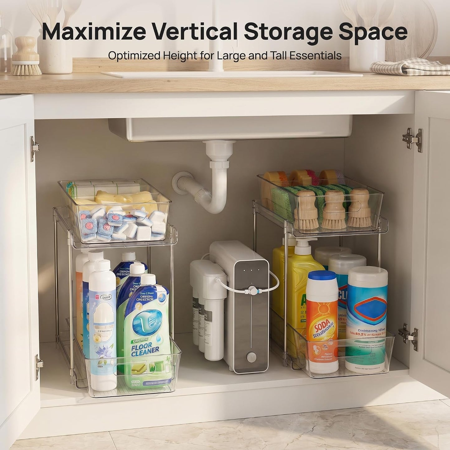 Vtopmart 2 Tier Bathroom Storage Organizer, 2 Pack Clear Under Sink Organizers Vanity Counter Container, Cabinet Drawers Bins, Pull-Out Organization with Track for Pantry, Kitchen