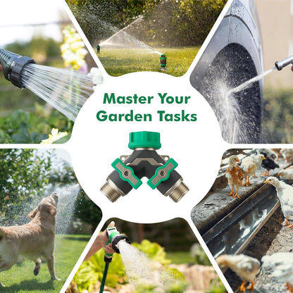 Restmo Heavy Duty 2 Way Y Garden Hose Splitter, Full Metal Body Full Flow Hose Splitter with Oversized Ball Valve, Extended Lever 3/4" GHT Outdoor Faucet Spigot Adapter for Garden Watering RV, Green