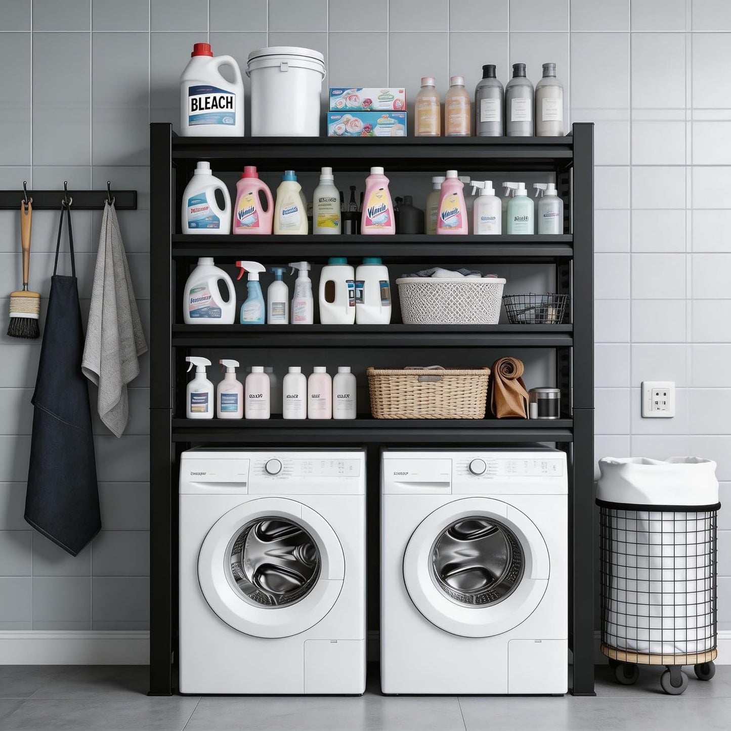 Over Washer and Dryer Shelves,5 Tier Adjustable Height Laundry Room Shelf and Storage,Metal Washing Machine Shelves Space Saver for Bathroom Over Toilet,Black (71×39×20in)