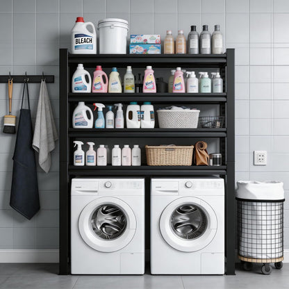 Over Washer and Dryer Shelves,5 Tier Adjustable Height Laundry Room Shelf and Storage,Metal Washing Machine Shelves Space Saver for Bathroom Over Toilet,Black (71×39×20in)