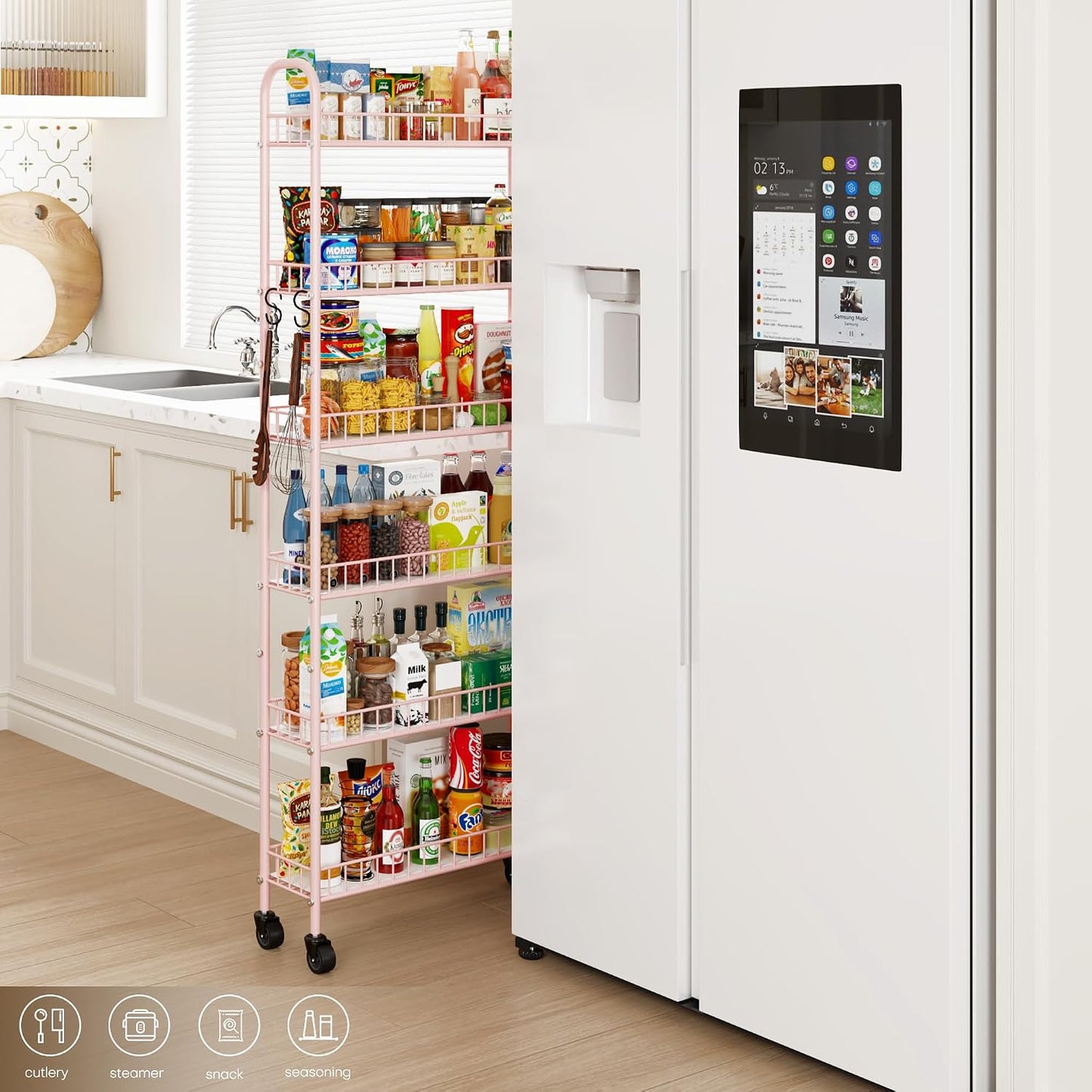 6-Tier Slim Storage Cart, Rolling Kitchen Cart with Wheels | Narrow Metal Shelf Organizer with Hooks for Kitchen, Bathroom, Living Room, Laundry, Small Spaces, Black, 6 in