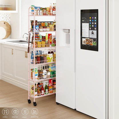 6-Tier Slim Storage Cart, Rolling Kitchen Cart with Wheels | Narrow Metal Shelf Organizer with Hooks for Kitchen, Bathroom, Living Room, Laundry, Small Spaces, Black, 6 in