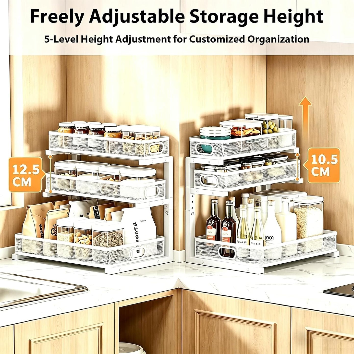 2 Pack Under Sink Organizer, 3-Tier Pull Out Kitchen Cabinet Organizer with 5 Adjustable Heights Metal Slide Out Bathroom Storage Makeup Drawer Rack for Bedroom Office Pantry Home Organization, White
