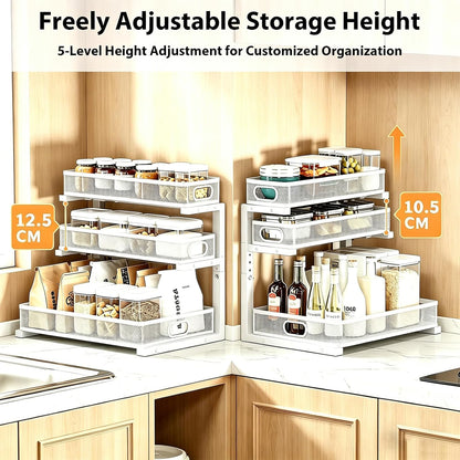 2 Pack Under Sink Organizer, 3-Tier Pull Out Kitchen Cabinet Organizer with 5 Adjustable Heights Metal Slide Out Bathroom Storage Makeup Drawer Rack for Bedroom Office Pantry Home Organization, White