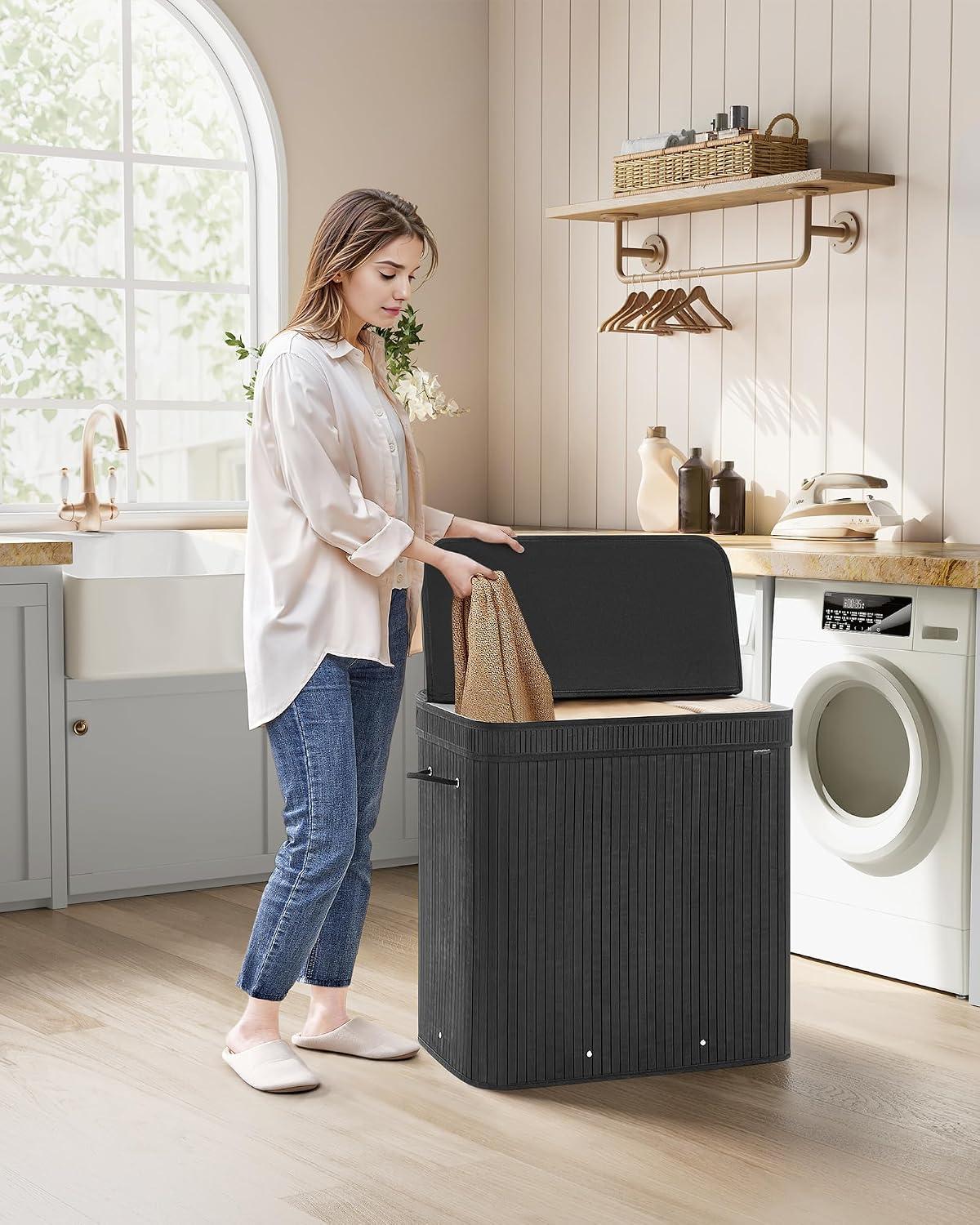 SONGMICS Laundry Hamper with Lid, Bamboo Launry Basket with Handles, Foldable Storage Basket for Laundry Room, Bedroom, 100L, Brown ULCB063K02