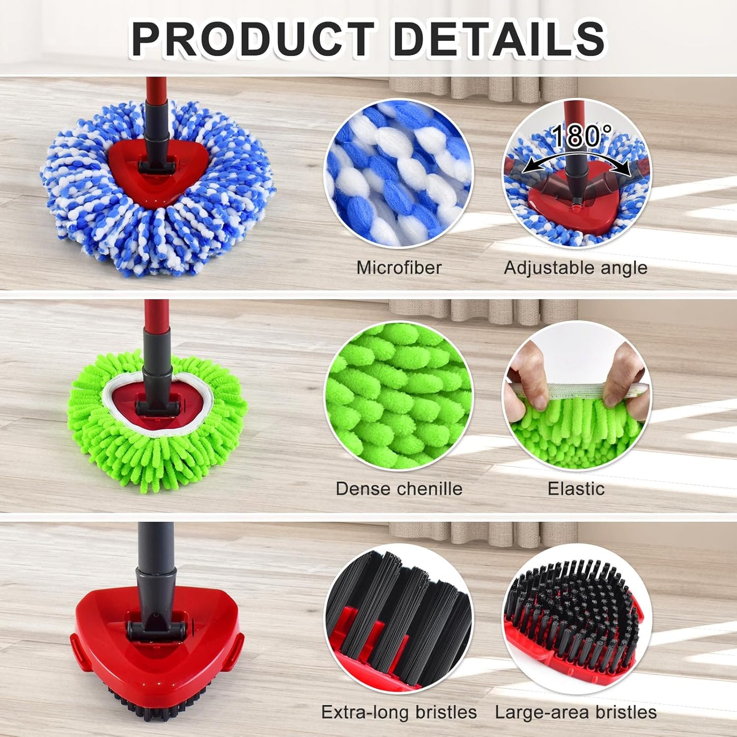 Mop Head Replacement for O Cedar, Spin Mop Replacement Head for Ocedar Easywring 1 Tank System, Mop Heads Includeds 4 Mop Replacement Heads , 1 Spin Scrub Brush & 1 Base