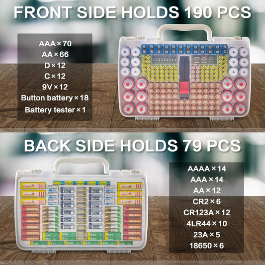 Xuerdon Battery Organizer Storage Holder Case with Double-Sided, Garage Box Container with Tester Checker.Battery Vault Box Holder Container for 134pcs AA AAA Batteries