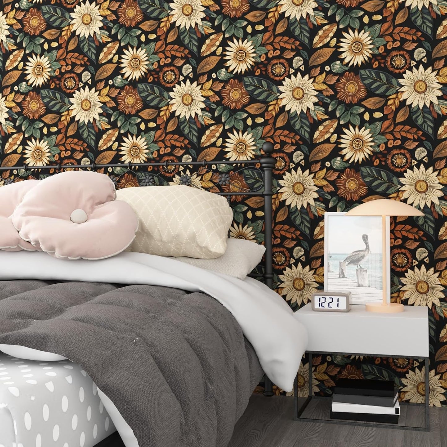 Blue Wallpaper Peel and Stick,Vintage Boho Floral Contact Paper 17.5" x 118", Retro Botanical Flower Wall Paper Self Adhesive Removable Waterproof for Walls Shelves Cabinet Table (Blue,Yellow, Green)
