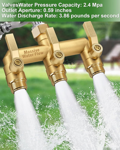 Hose Splitter 2 Way Heavy Duty, Solid Brass Full Flow Outdoor Faucet and Garden Hose Splitters, Water Spigot Splitter T Adapter, All Metal Water Connector with Shut-Off Valve, 3/4 - Inch GHT Thread