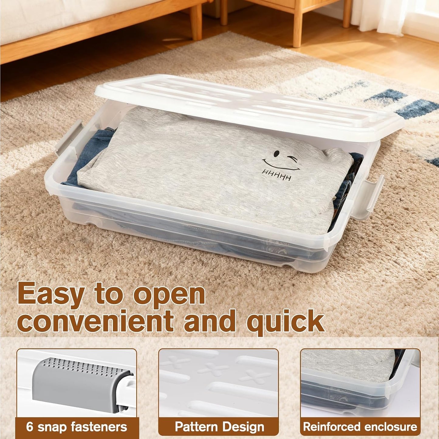 4 PCS*49 Qt Wheeled Latching Under Bed Storage, Double Opening Lids Stackable Bin with Latch Lid, Plastic Container to Organize Shoes Underbed, Clear with White Lid(White)