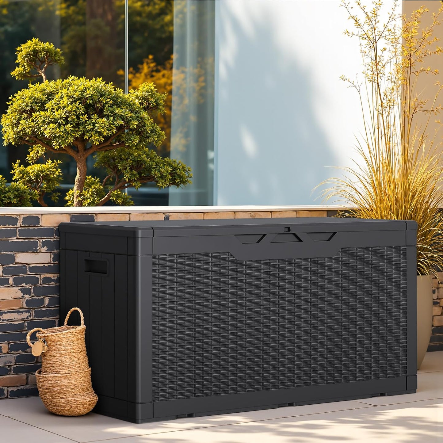 Greesum 31 Gallon Resin Deck Box All Weather Outdoor Storage Boxes for Patio Furniture Set,Outdoor Toys,Garden Tools,Black