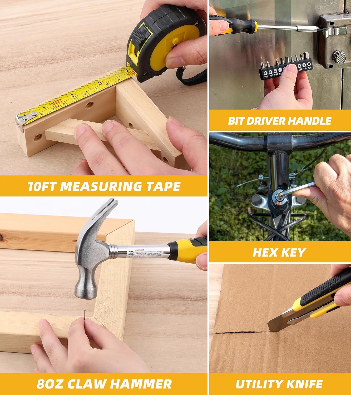12V Drill Driver Power Tool Combo Kits with Cordless Drill, Professional Household Home Tool Kit Set, DIY Hand Tool Kits for Garden Office House Repair Yellow