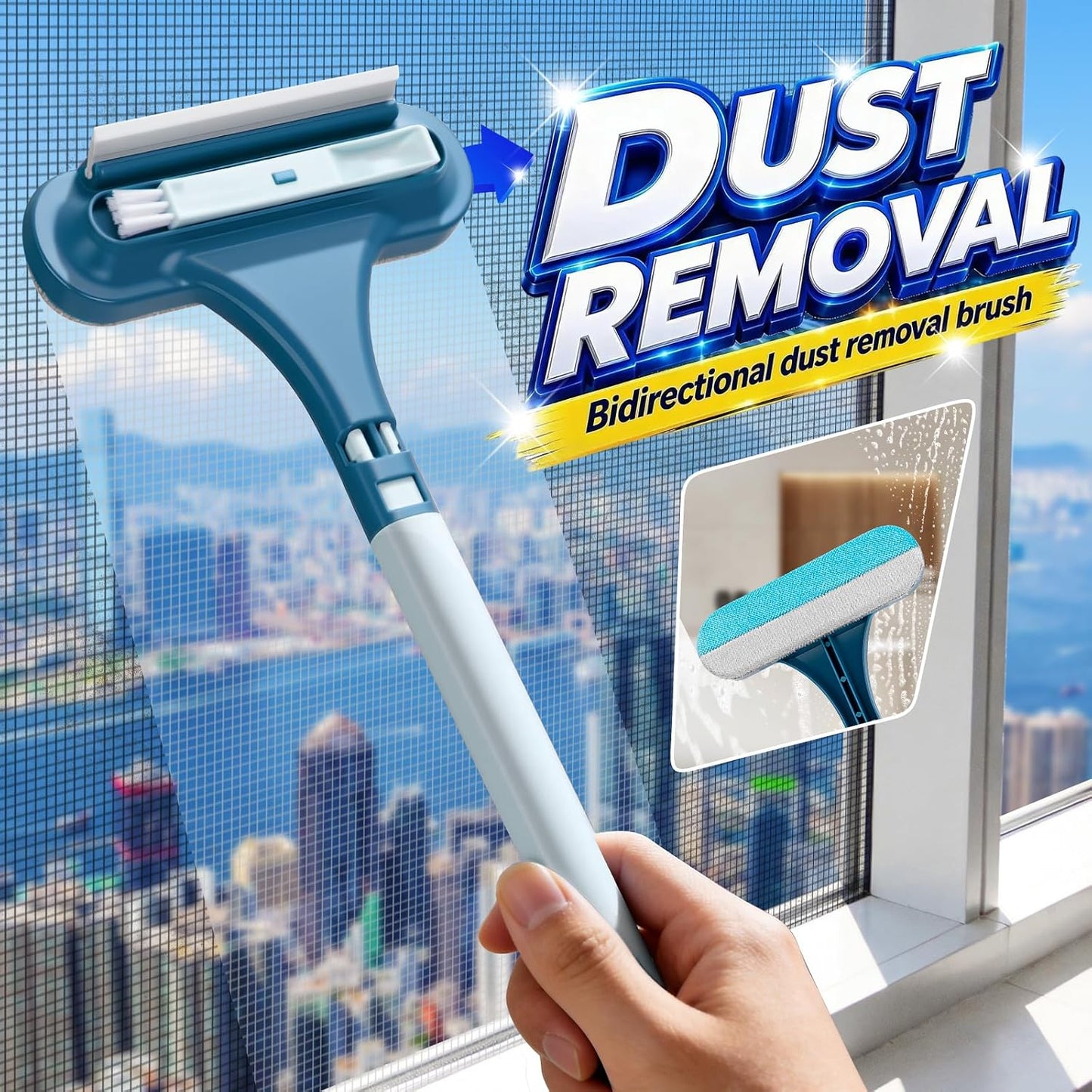 3-in-1 Screen Cleaning Brush with Squeegee - Window Mesh Cleaner & Pet Hair Remover for Couch, Multi-Use Crevice Tool for Patio and Porch Screens (Cyan Blue)