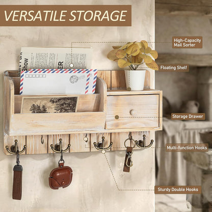 Rebee Vision Key and Mail Holder Wall Mount - Mail Organizer Wall Mount with Storage Hooks and Drawer for Modern Farmhouse Decor - Mail Organizer Wall Mounted for Rustic Apartment Essentials (Brown)