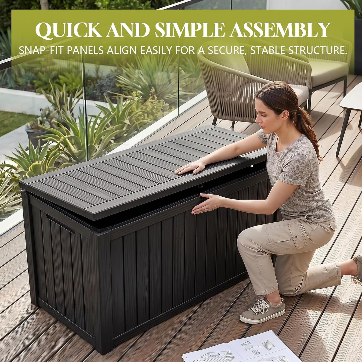 Waterproof Outdoor Storage Box Outside Deck Box Lockable Resin Bench UV Resistant Furniture Cushion Pool Tool Float Bin Patio Garden Porch (Black, 120 Gallon)